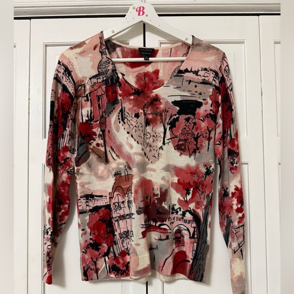 Talbots Hello Paris City Scape Scoop Neck Merino Wool Pullover Sweater XS